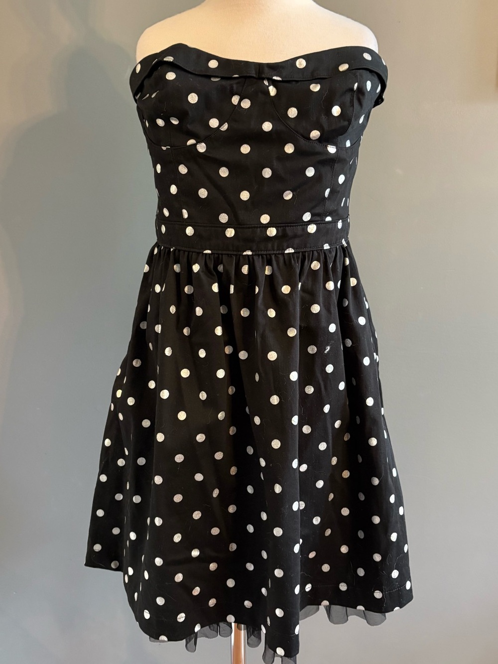 Black Poppy Black and Silver Polka Dot Strapless Fit & Flare Dress